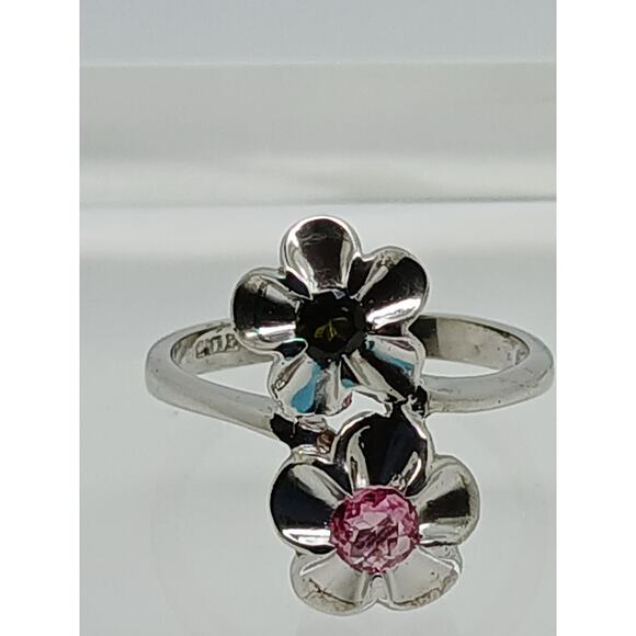 Vintage Sterling Silver Floral Ring Pink Green Tourmaline Gemstone Size 7 - Picture 6 of 10